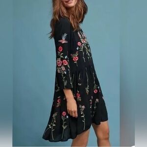 Maeve Anthropologie Allison Floral‎ Embroidered Dress Large Black Mini Tunic